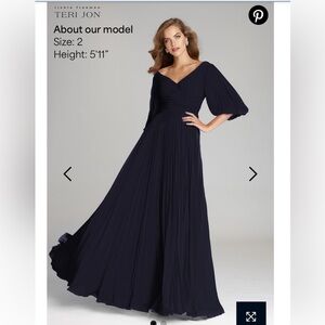 Chiffon Puff Sleeve Pleated, VNeck Evening Gown in Classic Navy